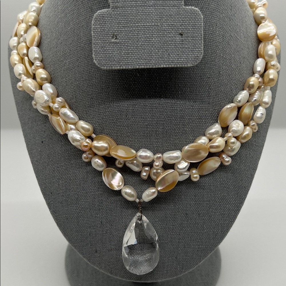 Three Strand Faux  Pearl and Crystal Pendant Necklace Handmade